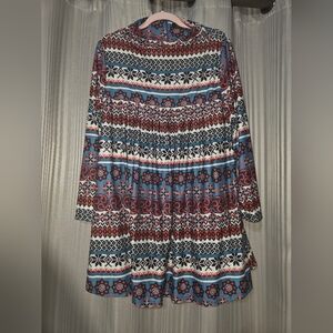 Chic Long Sleeve Patterned Mini Dress